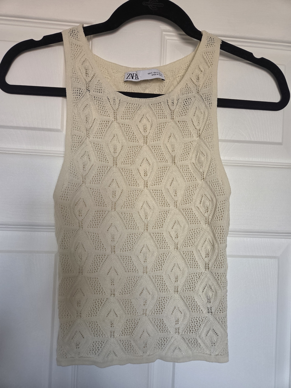 Zara Cream Crochet Tank Top with Geometric Stitching
